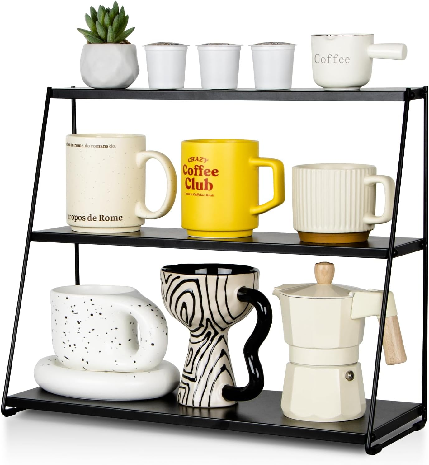 PUERSI Coffee Mug Holder, Mug Display Rack for Countertop, Metal Coffee Cup Holder, 3 Tier Mug Shelf for Coffee Bar, Coffee Station Accessories, Coffee Bar Organizer for Kitchen, Office, Home - Black image number 2