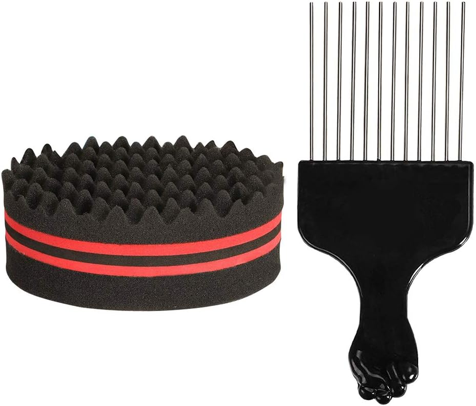 Hair Brush Sponge with Big Holes Metal Hair Pick Comb Double-Sided Sponge Afro Comb for Hair Styling image number 4