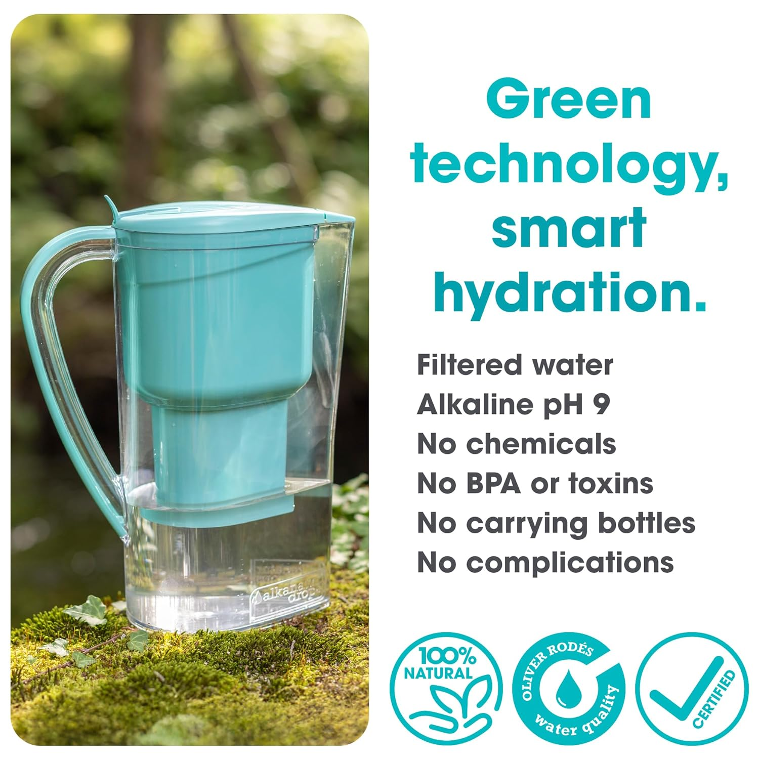 Alkanatur Alkaline Hydrogen Water Filter Pitcher - Removes Fluoride, Chlorine, Microplastics, Pfas, Lead - Activated Coconut Carbon, Ionizer, Ph 9.5, Adds Magnesium (Filter with Added Zeolite (Blue)) image number 1