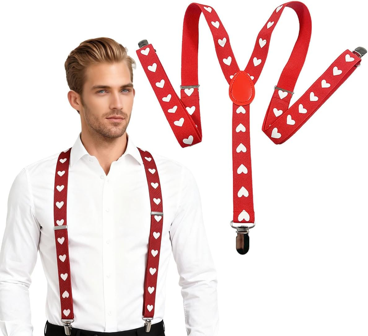 Xnxnzhho Valentine&rsquo;S Day Suspenders for Men, Red Adjustable Heart Suspenders Heavy Duty Clip, for Valentine Wedding Party