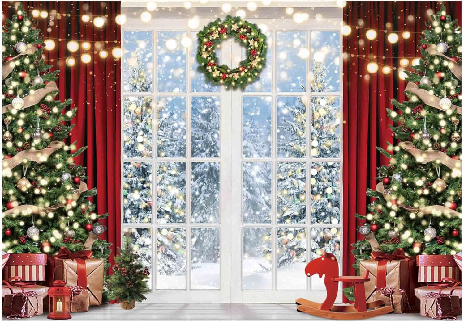 Allenjoy 96" X 72" Christmas Window Backdrop for Photography Winter Merry Xmas Tree Background Snow Holiday Photobooth Portrait Party Banner Festival Photo Studio Props Supplies image number 5