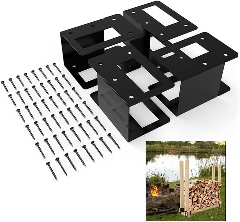 4-Piece Firewood Log Storage Rack Bracket, ,Indoor Outdoor Adjustable Heavy Duty Powder Coated Steel Holder, Fireplace Wood Storage Holder, Log Holders for Indoor Outdoor Fireplace, Black image number 5