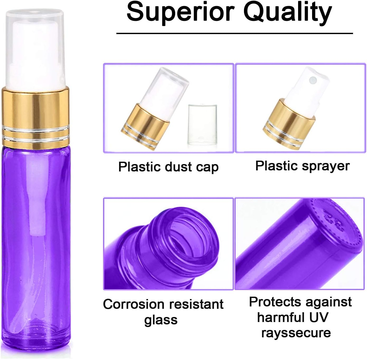 Jamhoodirect 6Pcs 10Ml Empty Glass Spray Bottles with Golden Fine Mist Sprayers, Travel Atomiser Refillable Portable Container Includes 2 Droppers for Essential Oils, Perfume or Night Out Fragrance, Purple, Green, Rose Red, 10Ml, #1 10Ml Spray Bottles