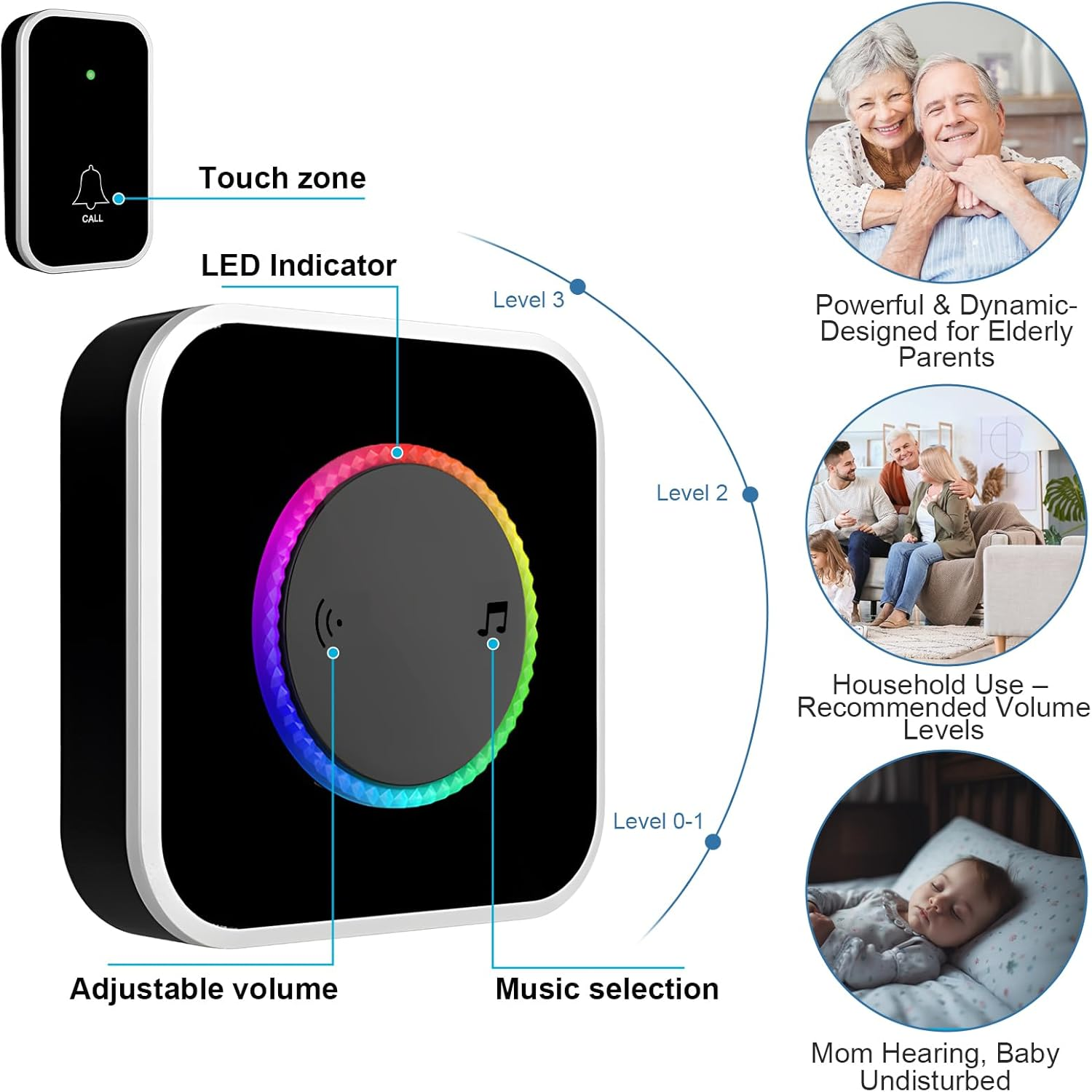 Wireless Doorbell Chime with 1 Remote Waterproof Transmitter and 2 Plugin Receivers, Remote Door Bell Ringer 300M Long Range, 60 Ringtones &bull; 4 Volume Levels &bull; Colorful LED Flash &bull; Portable Doorbell image number 5