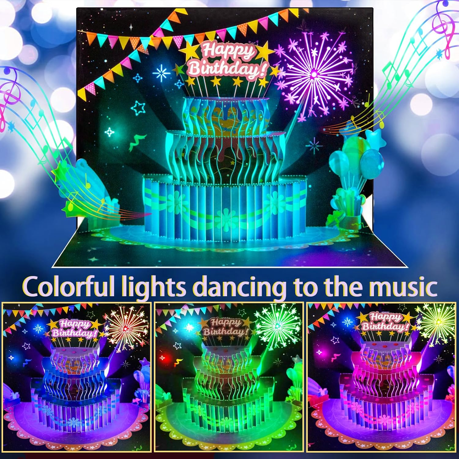Musical 3D Birthday Cake Pop-Up Card with LED Lights and Music &ndash; Happy Birthday Card with Fireworks and Balloons &ndash; for Kids, Adults, Friends, and Family &ndash; Birthday Gift with Envelope and Notecard - Dinosaurs image number 7