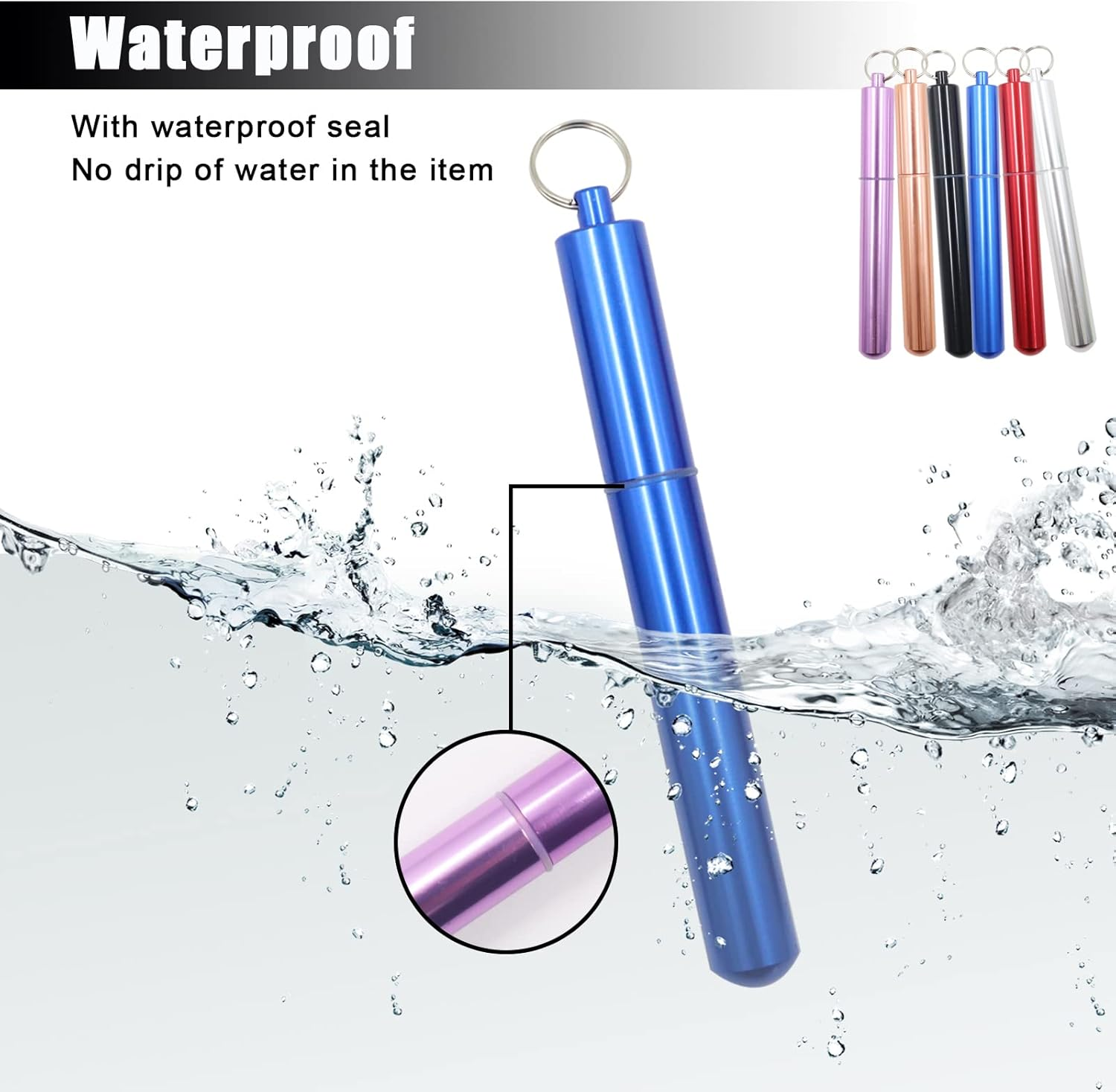 6Pcs Long Pocket Pill Box Keychain, 6 Colors Waterproof Aluminium Alloy Portable Travel Pill Case, Metal Pill Holder Medicine Vitamin Container Organizer, Long image number 4