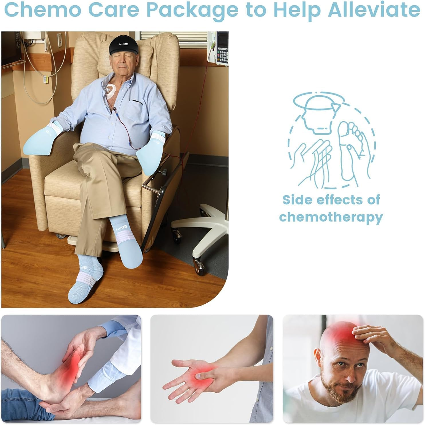 Suzzipad Chemo Care Kit, Cold Therapy Socks & Cold Gloves for Chemotherapy Neuropathy, Migraine Headache Relief Cap, Cancer Patients Must Have for Neuropathy Pain Relief, S/M image number 6