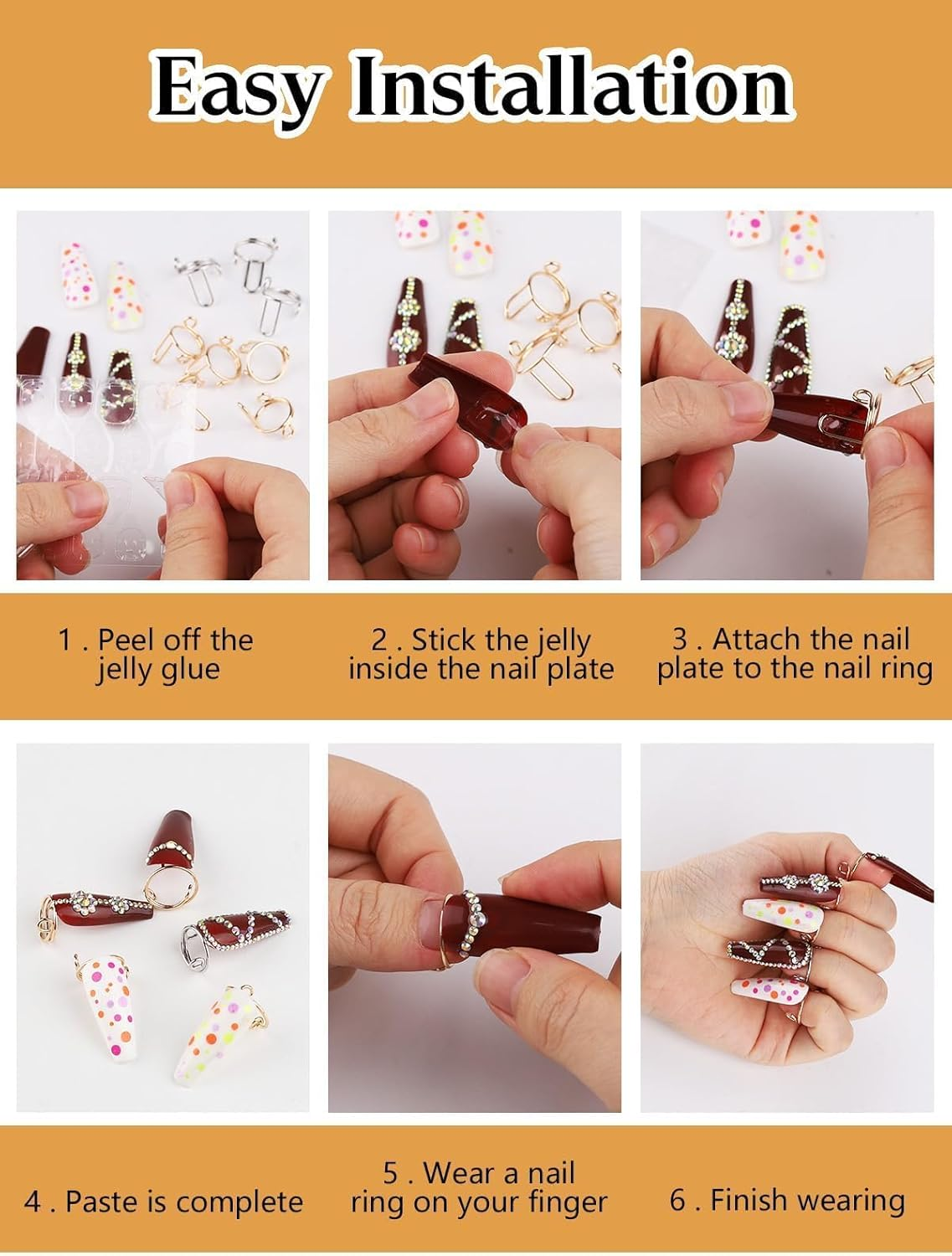 20PCS Nails Rings, EBANKU Adjustable Nails Rings Detachable Reusable Women Gift Ring Set with 96PCS Adhesive Nail Tabs for Acrylic Nail Art Decoration - Gold and Silver image number 3