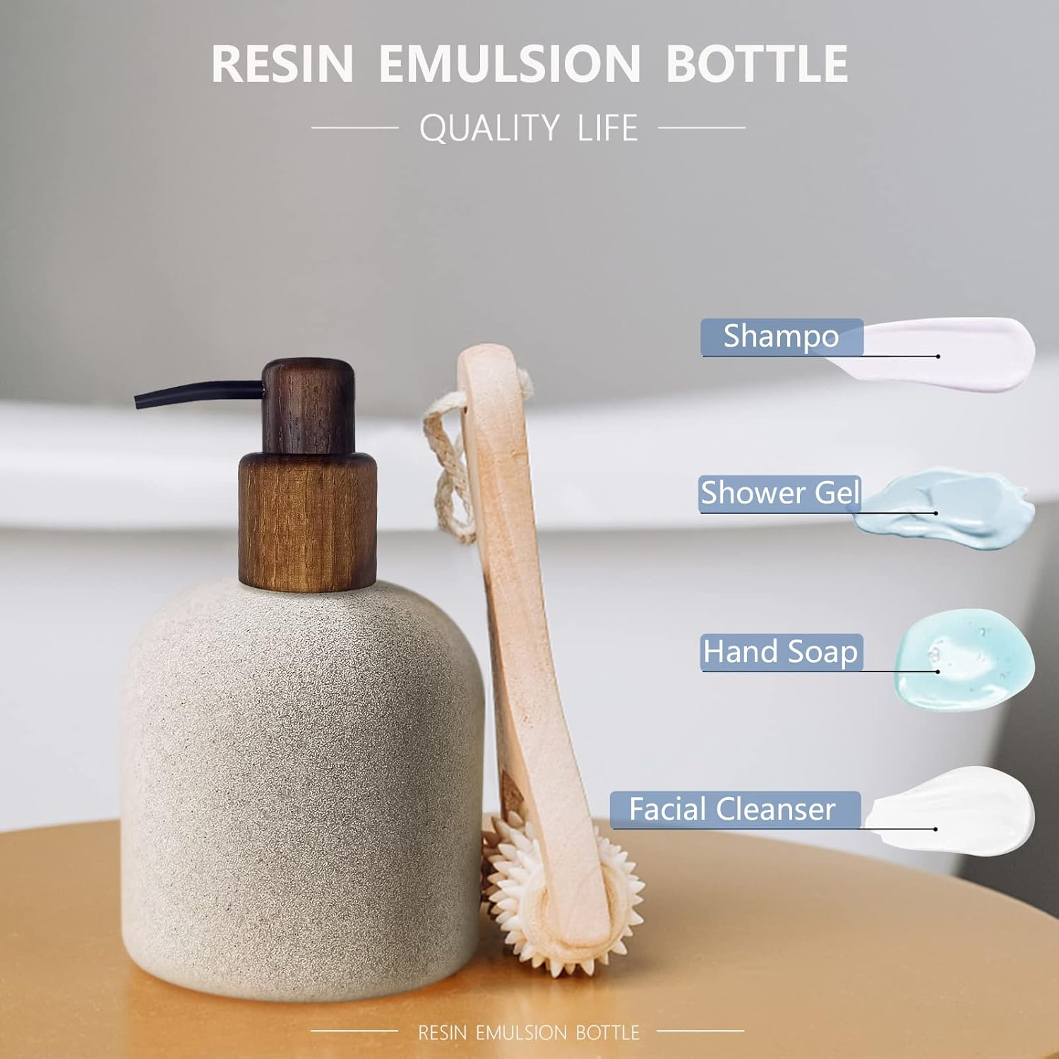 Asashizen 250Ml Japanese Style Resin Soap Bottle Dispenser Bathroom, Easy to Fill Washing up for Kitchen Sink, Refillable Shampoo and Conditioner Liquid Dispenser Bottles with Wooden Pump