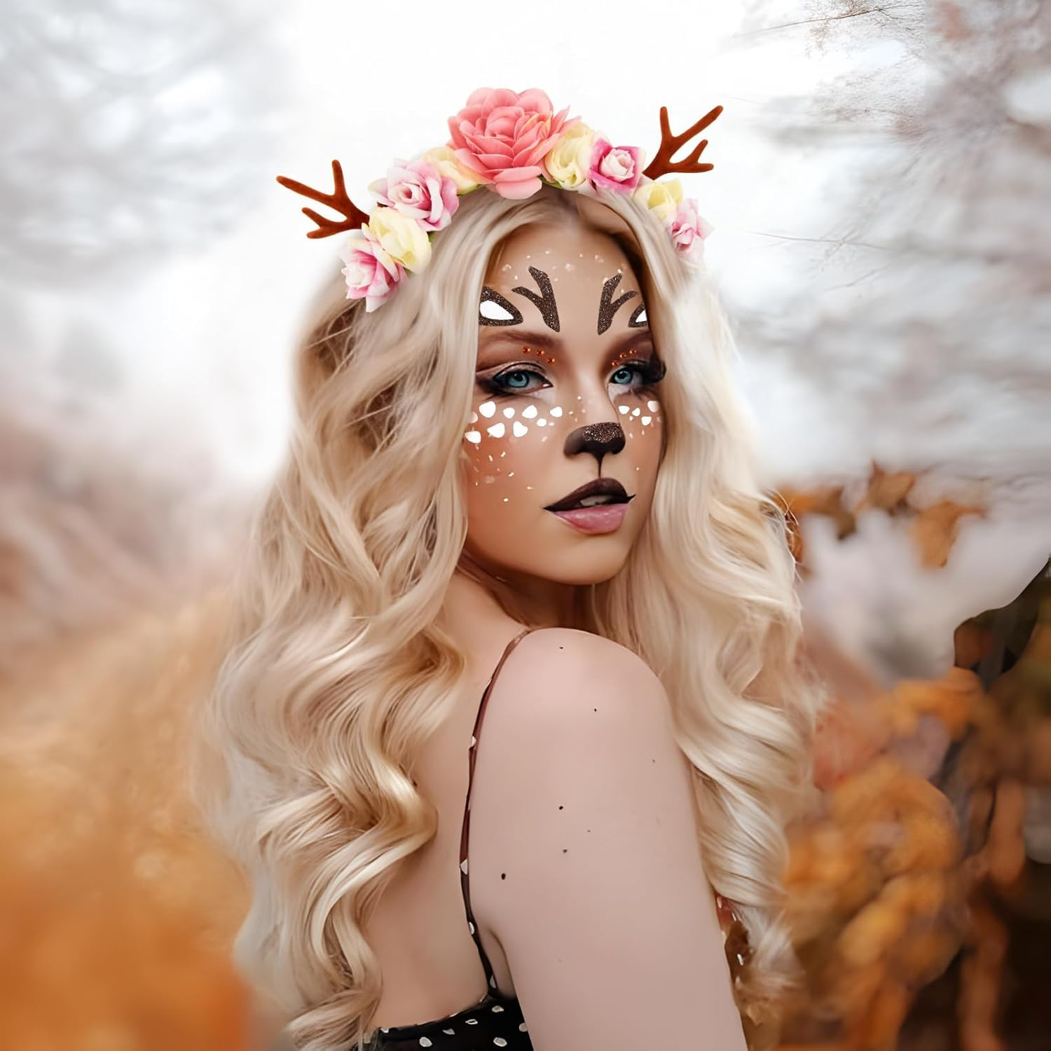 Christmas Flower Deer Headband,Flower Crown Reindeer Antlers Headband,Xmas Hair Accessories Festival Photo Props Floral Wreath Headdresses Forest Fairy Costume Photography Hair Hoop for Women Girl image number 1