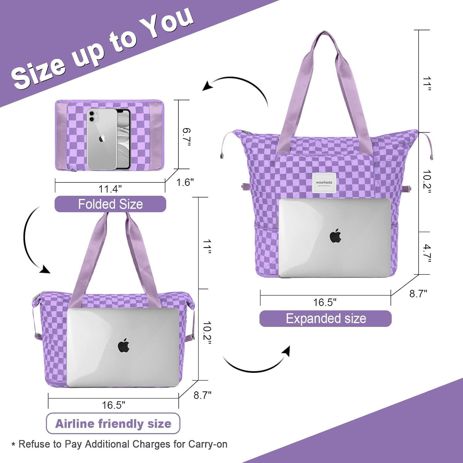 WOOMADA Foldable Travel Duffel, Weekender & Carry-On Bag with Expandable Space, Lavender Checkerboard - B-Black image number 5