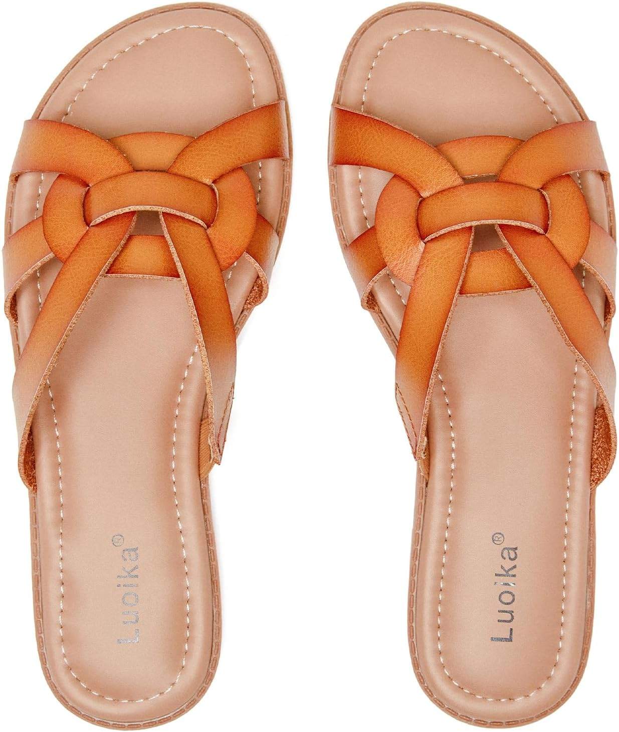 Luoika Women'S Wide Width Slide Sandals - Slip on Flat Cross Strap Casual Summer Shoes. image number 4