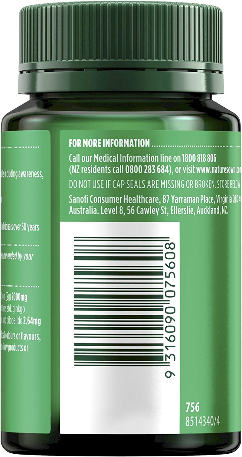 Nature'S Own Ginkgo Biloba 2000Mg Tablets 100 - Reduces Free Radicals Formed in the Body - Supports Cognitive Function, Memory, Recall, & Healthy Blood Circulation - Maintains Circulation image number 2