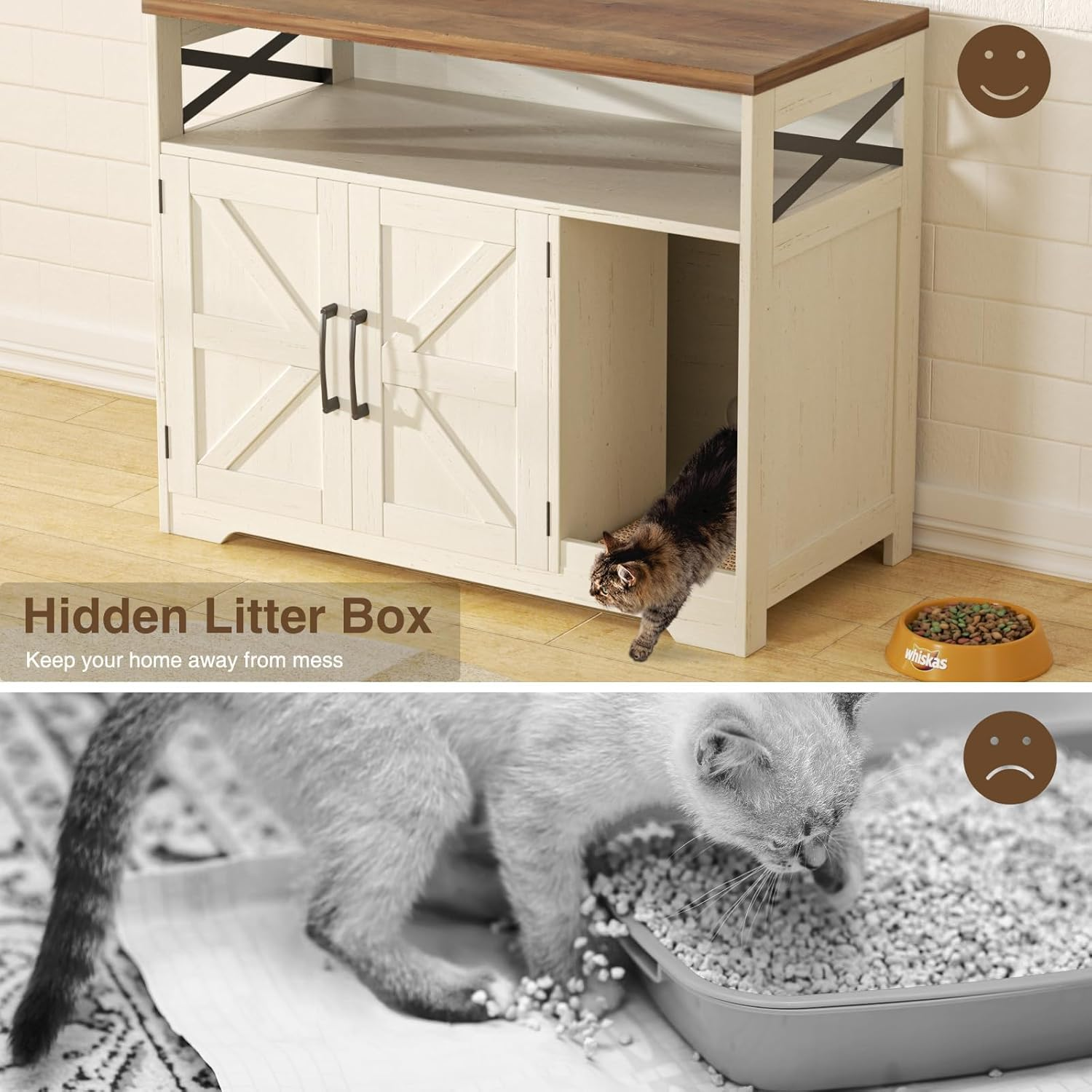 Cat Litter Box Enclosure, Hidden Litter Box Furniture with Scratch Pad, Farmhouse Indoor Cat House Washroom End Table, White image number 6