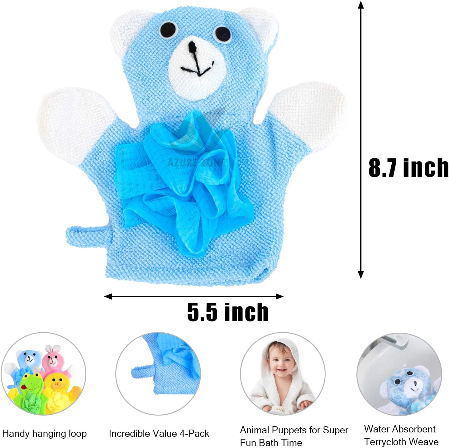 Azure Zone, 4 Pack Cartoon Hand Puppet Bath Wash Mitt Towel with Animal Designs for Bath and Shower image number 1