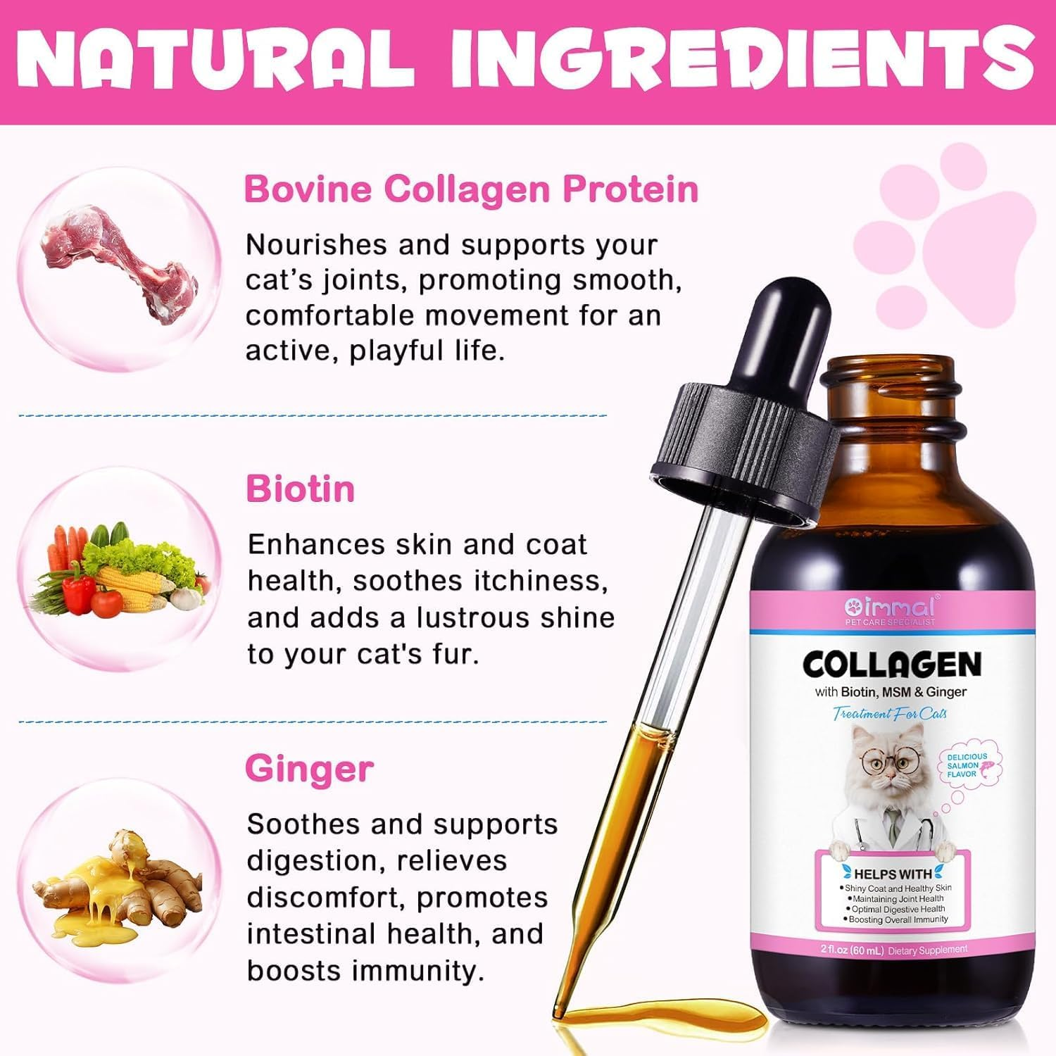 Collagen for Cats 60Ml | Liquid Cat Collagen Supplement with Biotin, MSM & Ginger | Supports Skin, Coat, Joint & Digestive Health | Salmon Flavour image number 2