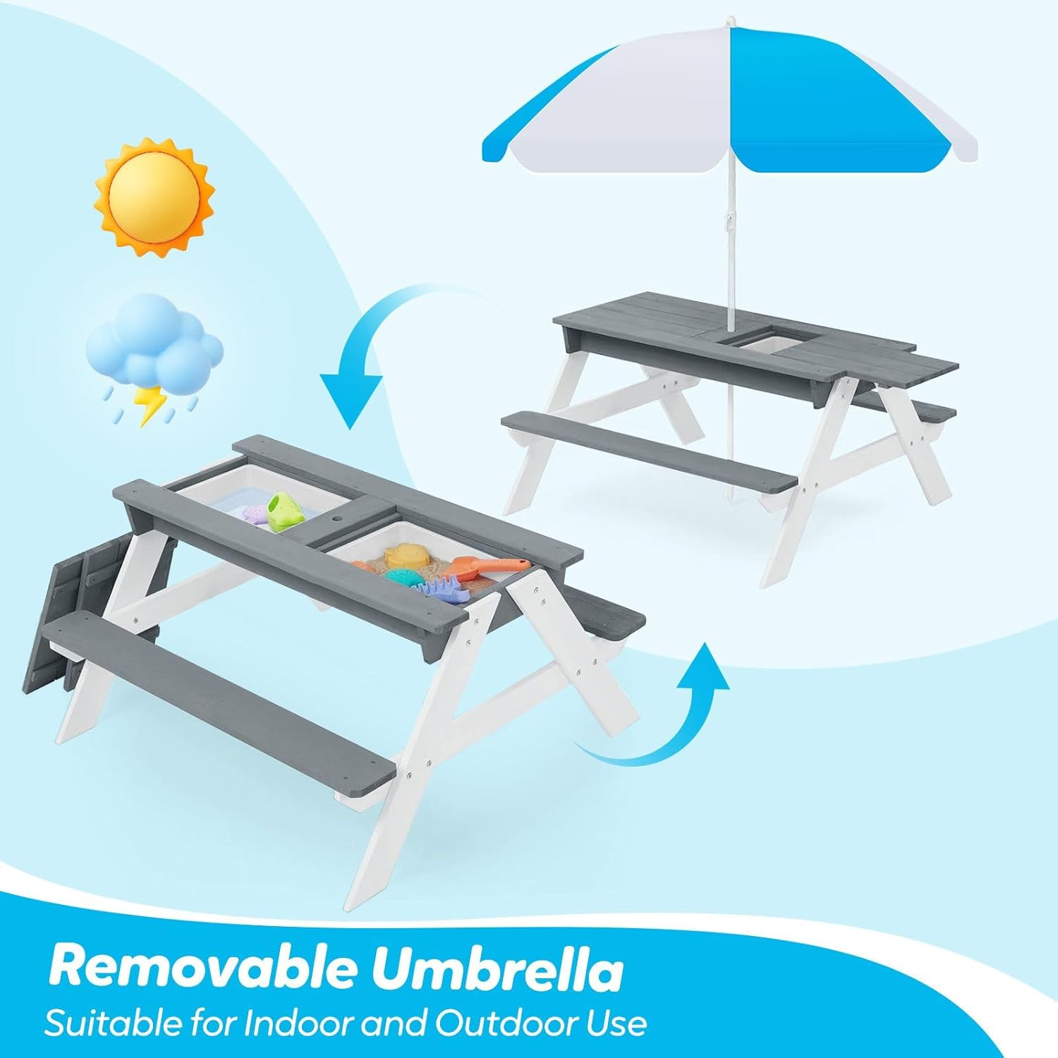 Kids Sand Water Table Chairs Set 3In1 Childs Outdoor Activity Desk Bench Childrens Picnic Craft Furniture Wooden Sensory Play Centre with Umbrella image number 1