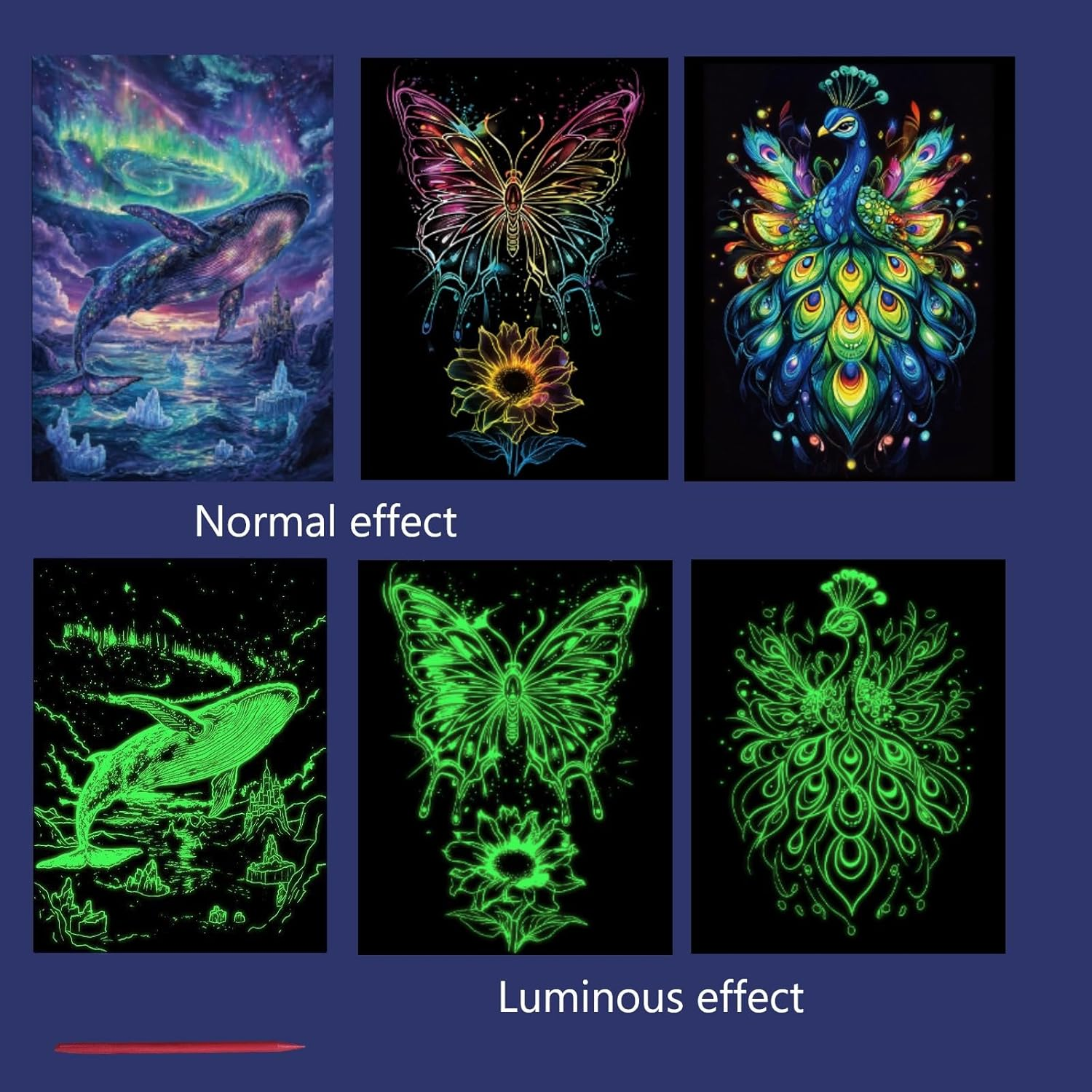 12 Pcs Glow in the Dark Scratch Art Rainbow Painting Paper with Pen, Rainbow Engraving Landscape Scratchboard(A4) for Adults, Fun Sketch Card Creative Craft (Ocean Butterfly Peacock) image number 1