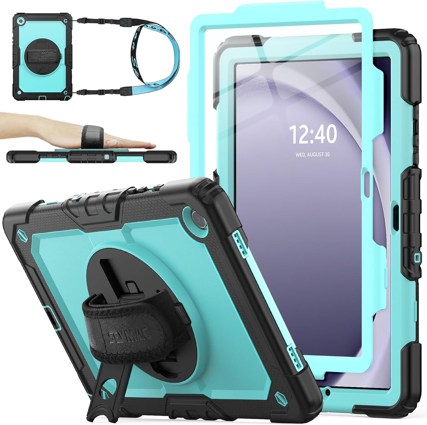 SEYMAC Stock 360&deg; Hand Strap/Stand Protective Case for Samsung Galaxy Tab A9 plus 11 Inch, Black+Black