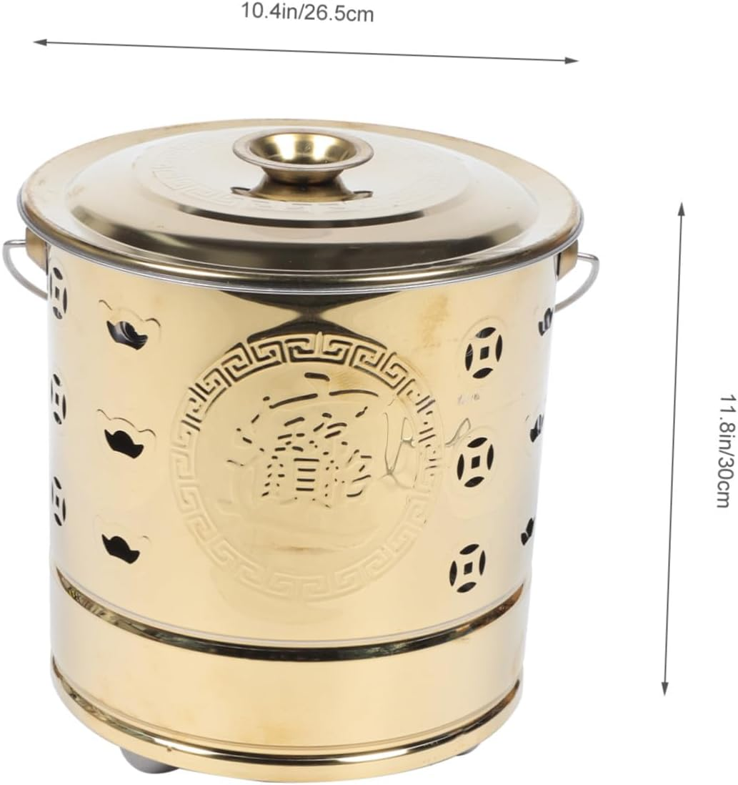 Yardwe Portable Burn Money Barrel Incinerator Bucket with Fire Hook Stainless Steel Paper Money Burner for Home Sacrifice Rituals Hollow Design for Faster Ventilation and Heat Insulation image number 3
