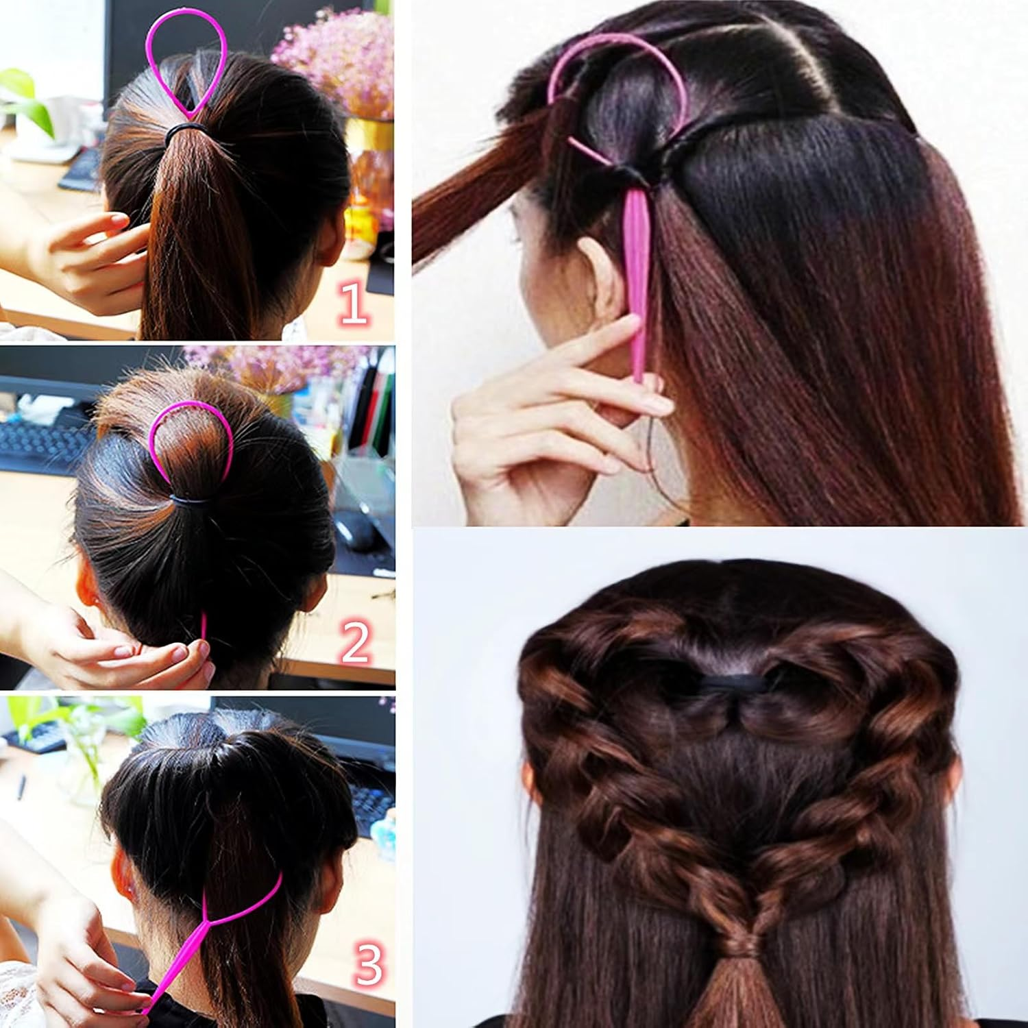 Aigee 6Pcs Topsy Tail and Hair Loop Styling Tool Set - Ponytail Makers, French Braid Loops in Large and Small, Hair Pull through Tools (Pink, Blue, Purple) for Women and Girls image number 6