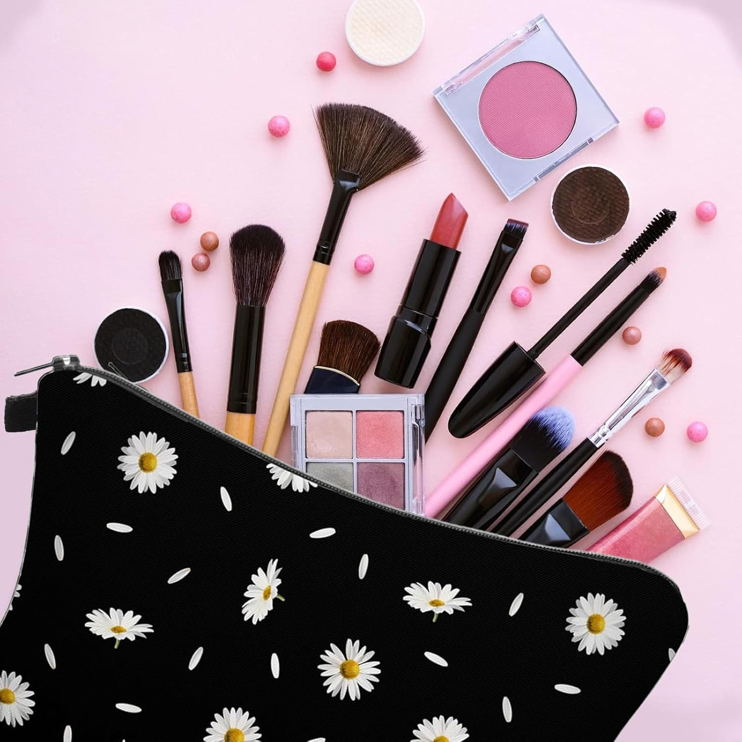 Travel Cosmetic Bag, Mini Travel Toiletry Bag Organizer for Purse Portable Zipper Make up Pouch Small Cosmetic Case, Travel Cute Purse Case for Women (Daisies) - Leopard Print image number 2