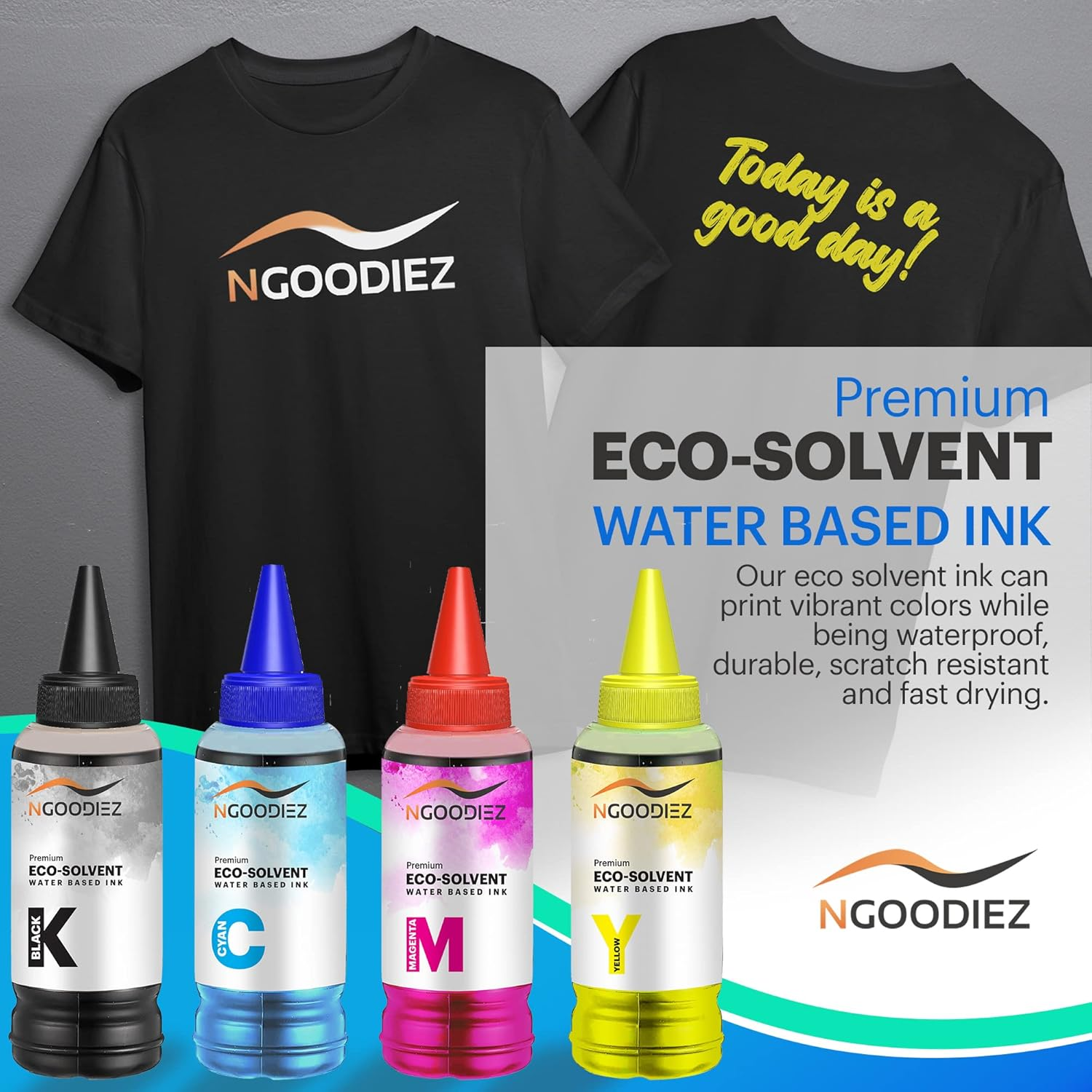 NGOODIEZ Eco Solvent Ink - Water Based Printer Ink, Fast Drying Refill Ink Bottle for Epson Ecotank, & WF Series Printers - Ideal for HTV, Vinyl Stickers, Decals, T-Shirts, Mugs (1B/1C/1Y/1M, 400Ml) image number 2