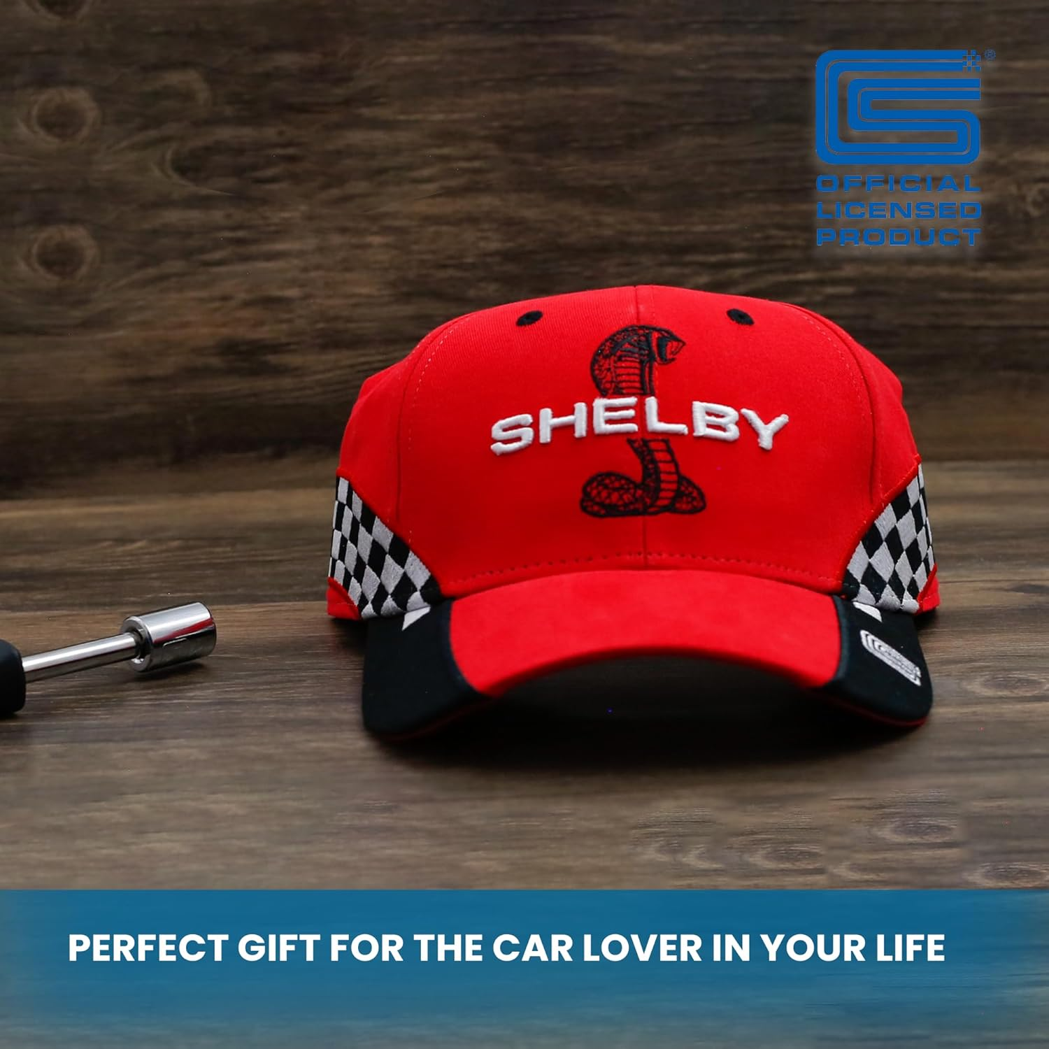 Shelby Snake Red Checkered Race Cap Hat | Officialy Licensed Shelby&reg; Product | Adjustable, One-Size Fits All, Red, One Size image number 3