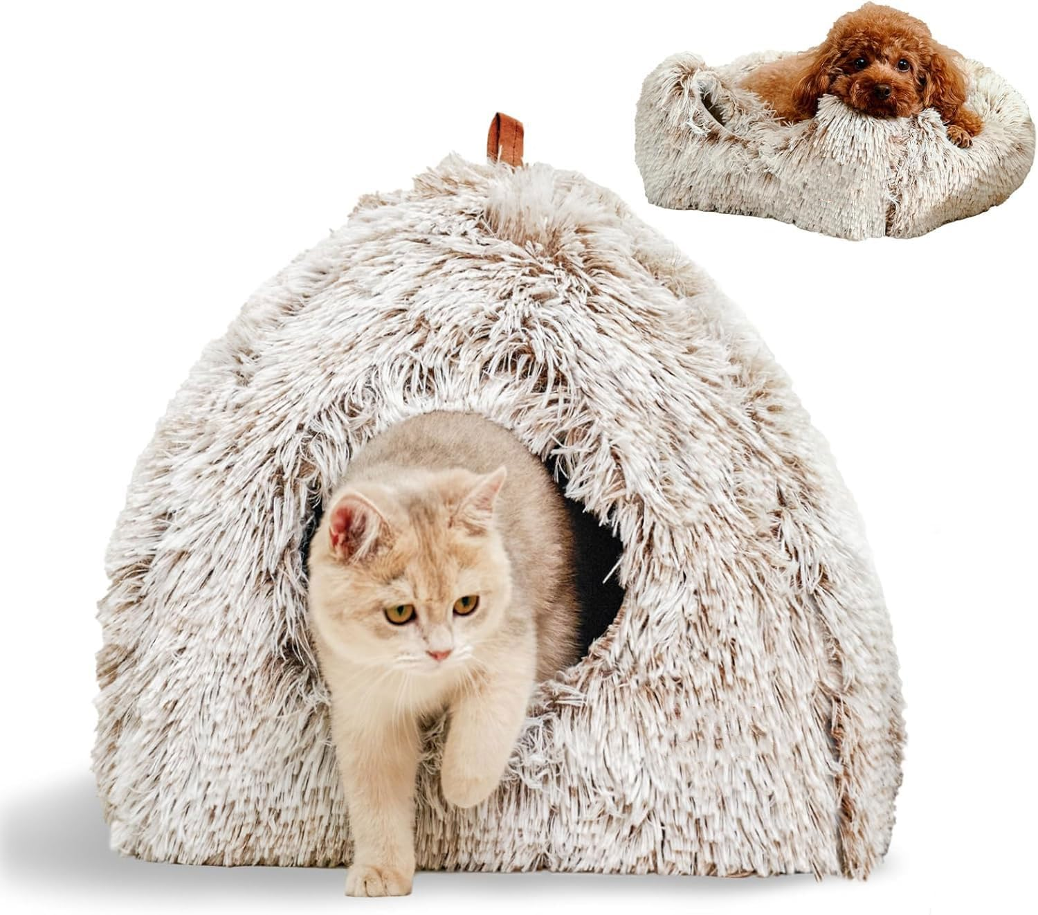 Cat Bed, Cats Cave for Indoor Cats, Soft Cat Dome,Self-Warming 2 in 1 Foldable Pet House with Washable Cushioned Pillow Calming Fluffy Dog Beds for Small Dogs with Anti-Slip Bottom(Brown) image number 2