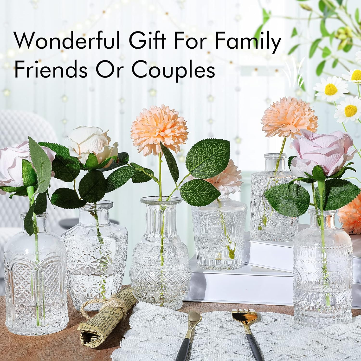 Glass Vase Bud Vases in Bulk Set of 12, with 8 Glass Stoppers,Small Vases for Flowers,Embossed Clear Flower Vase,Vintage Glass Bottle Great for Table Decor,Wedding Centerpiece Table and as a Gifts image number 1