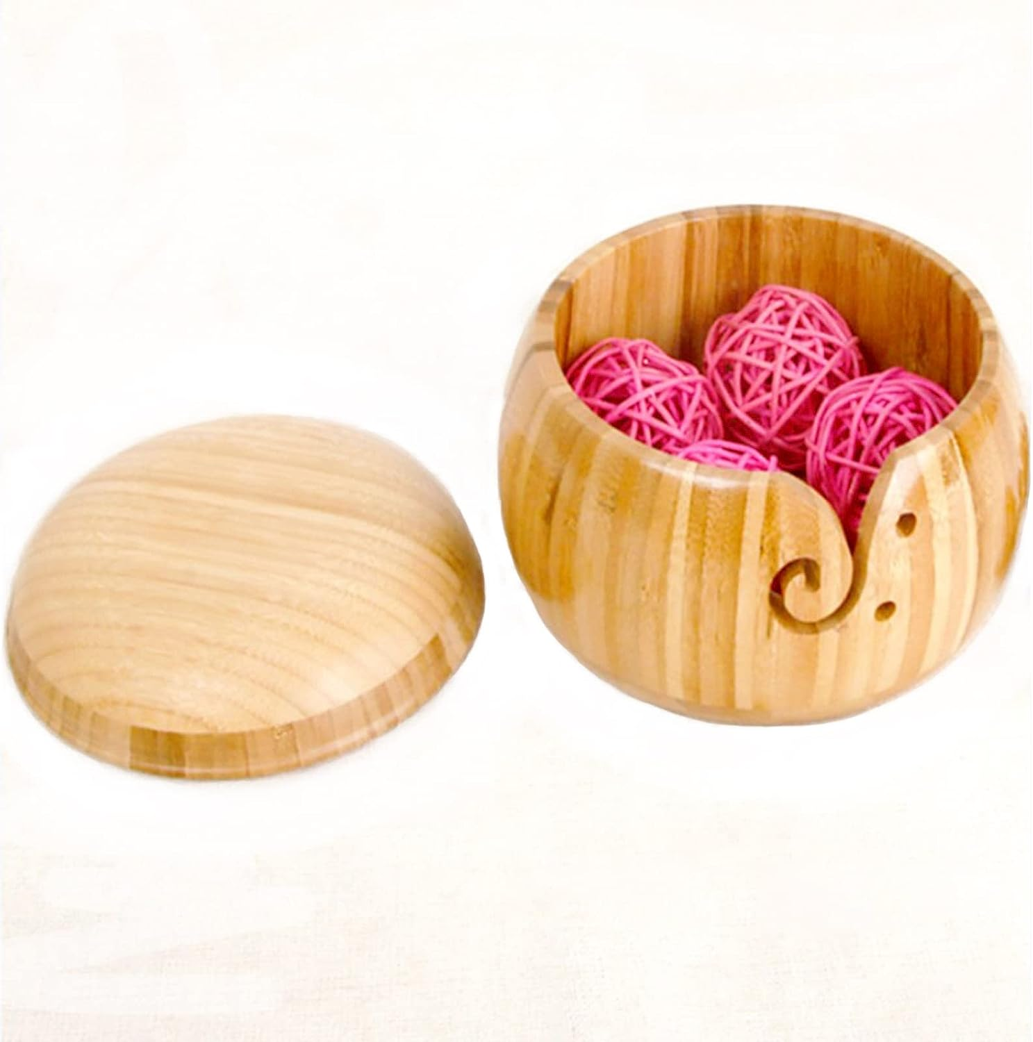 Joyeee Extra Large Bamboo Yarn Bowl with Lid, XL Knitting Box Case for Storage Big Wool Ball, DIY Wool Braid Craft, Handmade Square Cube Crochet Bowl for Wife, Mum, Grandmother 7.7 X 7.7 X7 Inch