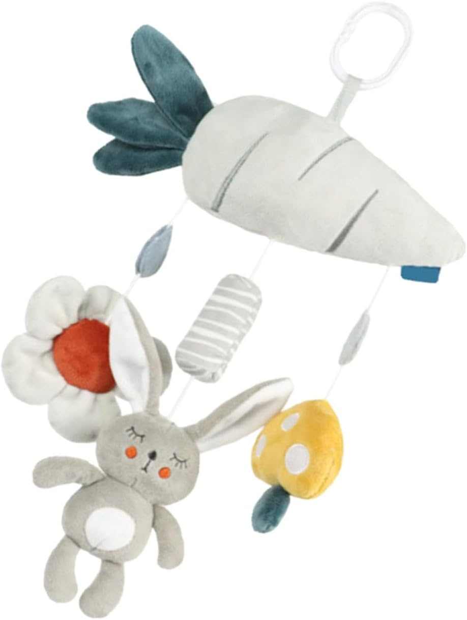 Plush Stroller Hanging Rattle with Built Sound Soft Sensory Crib and Car Seat Activity for Newborns Years Gray Bunny and Carrot Design Travel-Friendly image number 6