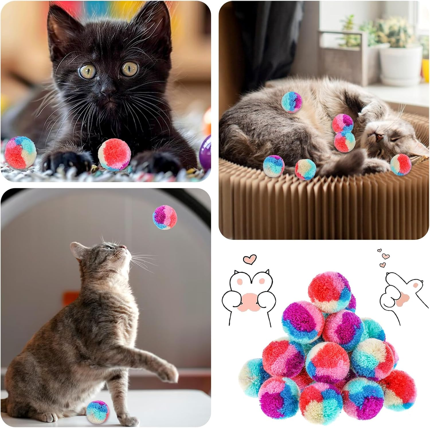 30PCS Cat Toys Balls 1.2'' Pom Pom Balls, Interactive Christmas Yarn Puff Cat Ball Pet Toys, Rainbow Small Plush Kitty Soft Balls, Training Fuzzy Cat Balls for Exercise and Entertainment, Multicolor image number 1
