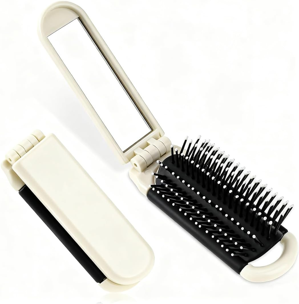 KIRZAX Foldable Travel Hair Brush, Pack of 2 Portable Hair Styling Combs, Hair Combs, Foldable Hair Brush with Mirror, Pockets Hair Comb, Hair Styling Comb for Men and Girls, Cream White image number 4