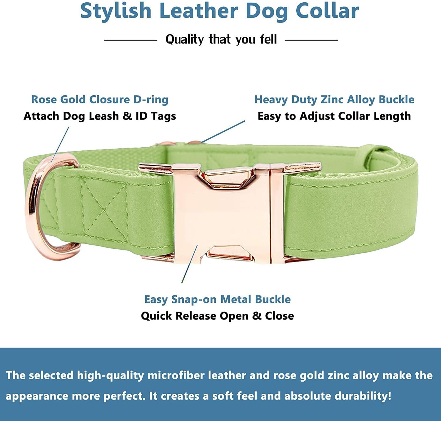 Soft Leather Dog Collar and Leash (6.6') Set - Stylish Rose Gold Heavy Duty Metal Buckle, 4 Adjustable Lengths Leash for Small Medium Large Dogs - Comfortable & Easy to Clean XS(8"-12"), Avocado