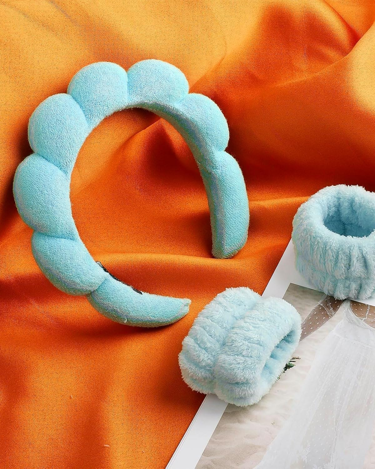TPZORJX Sponge Headband Bracelet Sets for Washing Face Makeup Headbands for Women Girls Skin Care Removal Spa Yoga Sports Shower Headband Terry Towel Fabric Hair Band - Blue