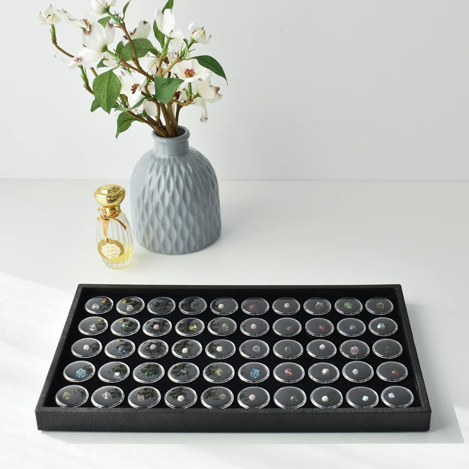 Ikee Design Black Foam Gem Jars Showcase Stackable Display Tray for Collectibles, Home Organization Storage Box with 50 Gemstones and Bead Storage Jars image number 1