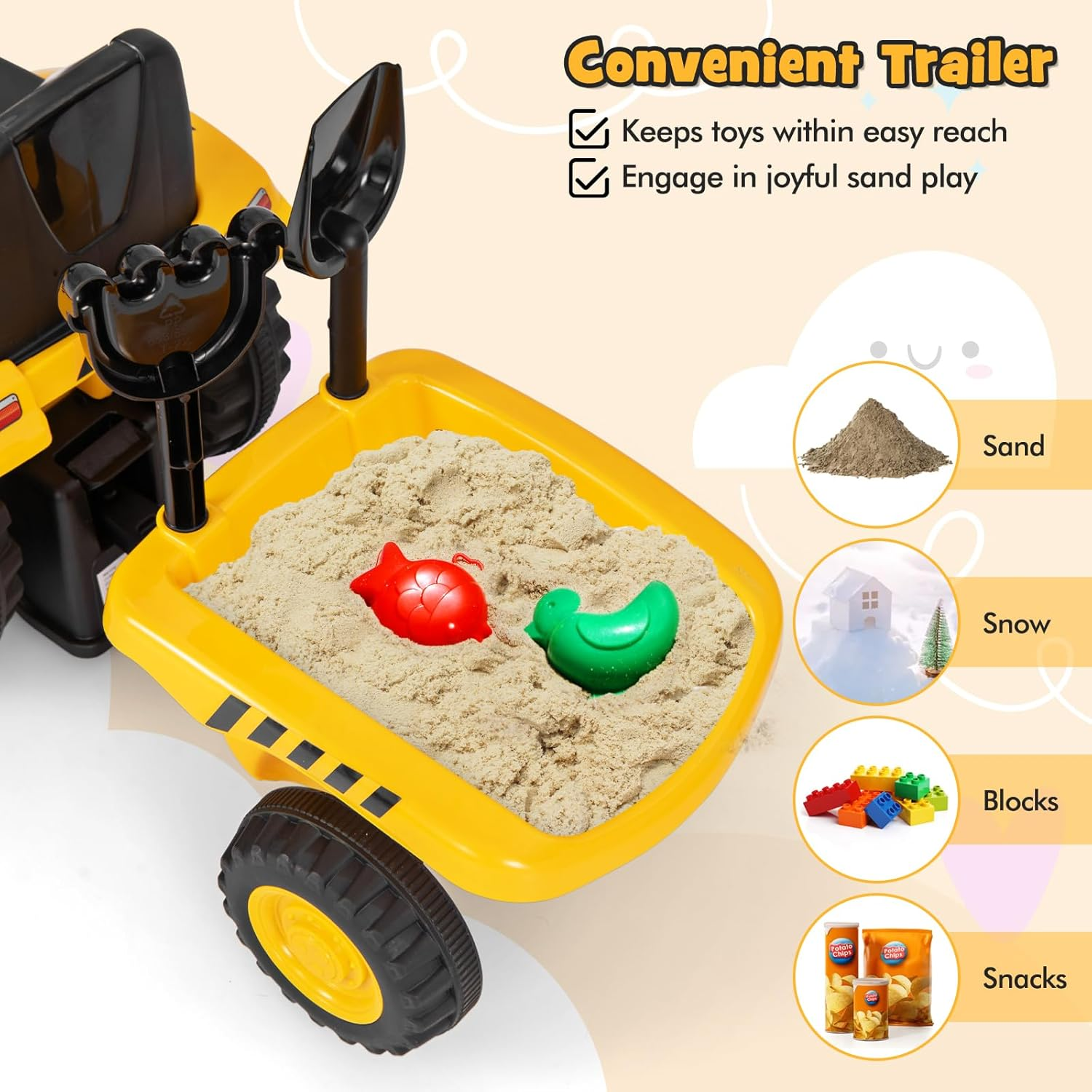 HONEY JOY Kids Ride on Tractor, Licensed Caterpillar Foot to Floor Sliding Car with Detachable Trailer, Shovel, Rake, Horn, Engine Sound, LED Lights & 6 Wheels, No Power Walking for Aged 1.5-3 image number 2