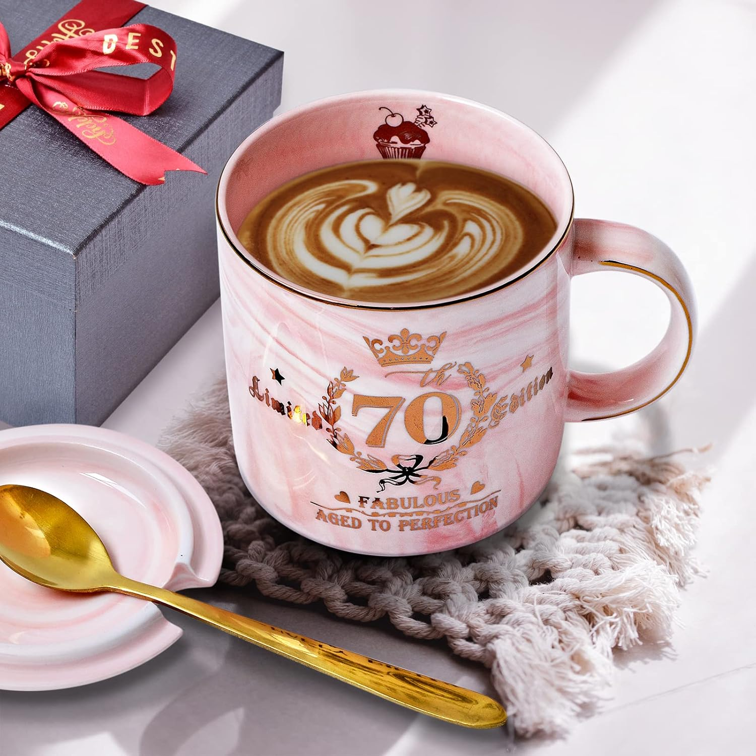 70Th Birthday Gifts for Women - 14Oz Pink Aged to Perfection Seventy Birthday Mug Printed with Gold - Happy Birthday Keepsakes Presents for 70 Years Old Grandma Mum Nanny, with Gift Box Lid Card Spoon image number 1