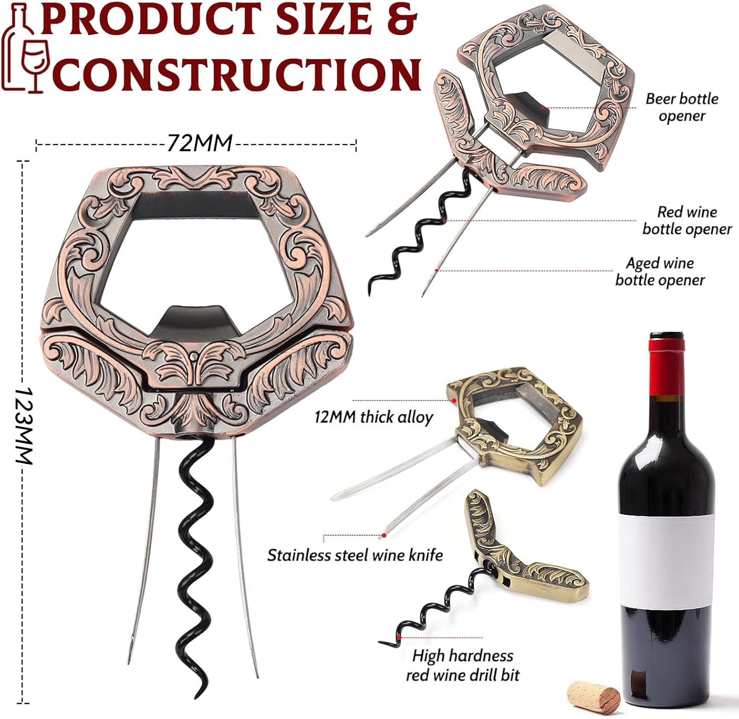 LUCYLANKER Corkscrew Old Wine, Ah so Wine Opener for Vintage Bottles, Two Prong Remover with Beer Bottle Opener, Waiter Corkscrew, Wine Connoisseur Collector for Uncorking (Bronze) image number 5