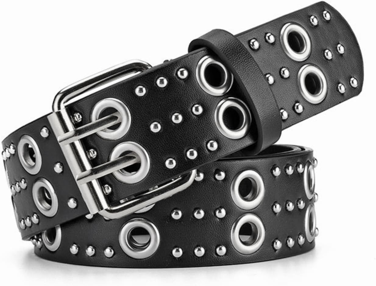 Y2K Punk Studded Leather Belt for Women Men Goth Emo Grunge Rock Double Buckle Belt Western Jean Clothes Accessories image number 5
