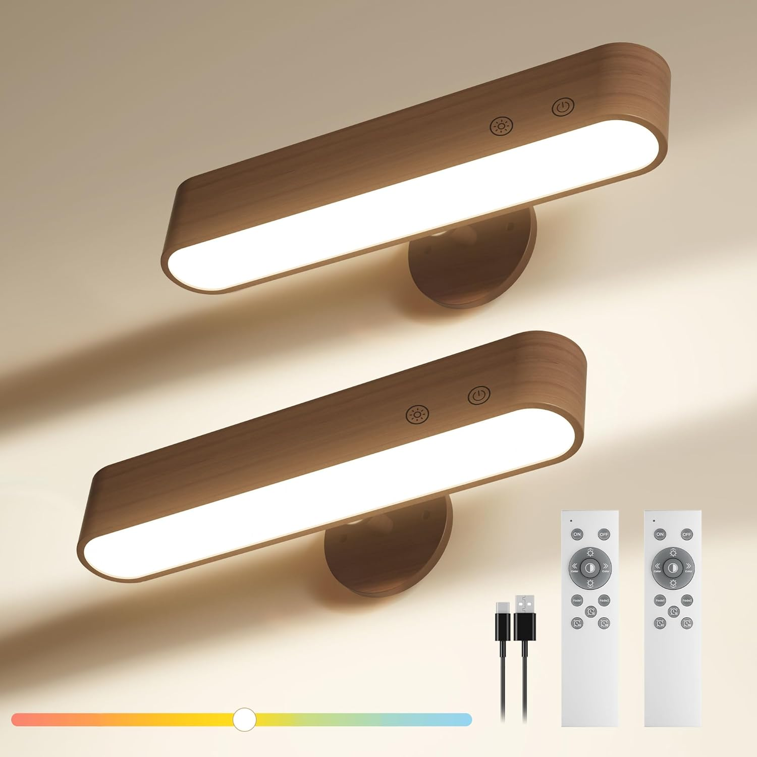 Wood Rechargeable Wall Light Indoor, 2 Pack 7500Mah Battery Operated Wall Sconce with Remote, LED Wireless Wall Light for Bedroom, 3 Colors Dimmable Brightness Wall Sconce with 15 RGB Colors