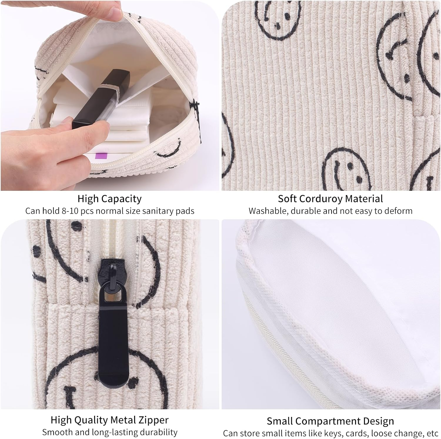 Teircno Sanitary Napkin Storage Bag,Preppy Corduroy Period Bag for Women, Cute Smiley Face,Portable Period Pouch with Zipper, Sanitary Pads Bag Tampons Holder for Purse, First Period - Brown image number 2