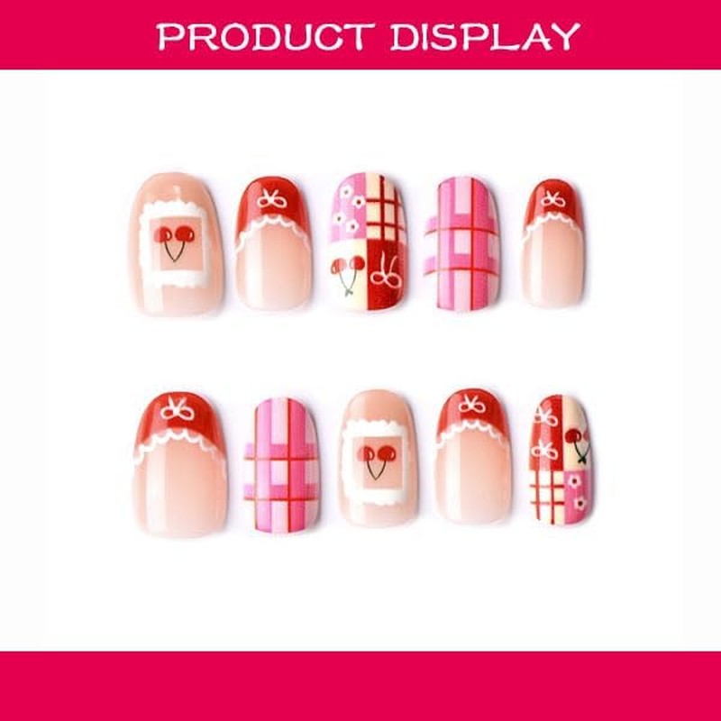 French Press on False Nails, Red Bow Checkered Cherry Flower Fake Nails, Romantic Love Style False Nails, Shiny Acrylic Artificial Nails for Valentine&rsquo;S Day and Daily Dating,24 PCS(11) image number 2