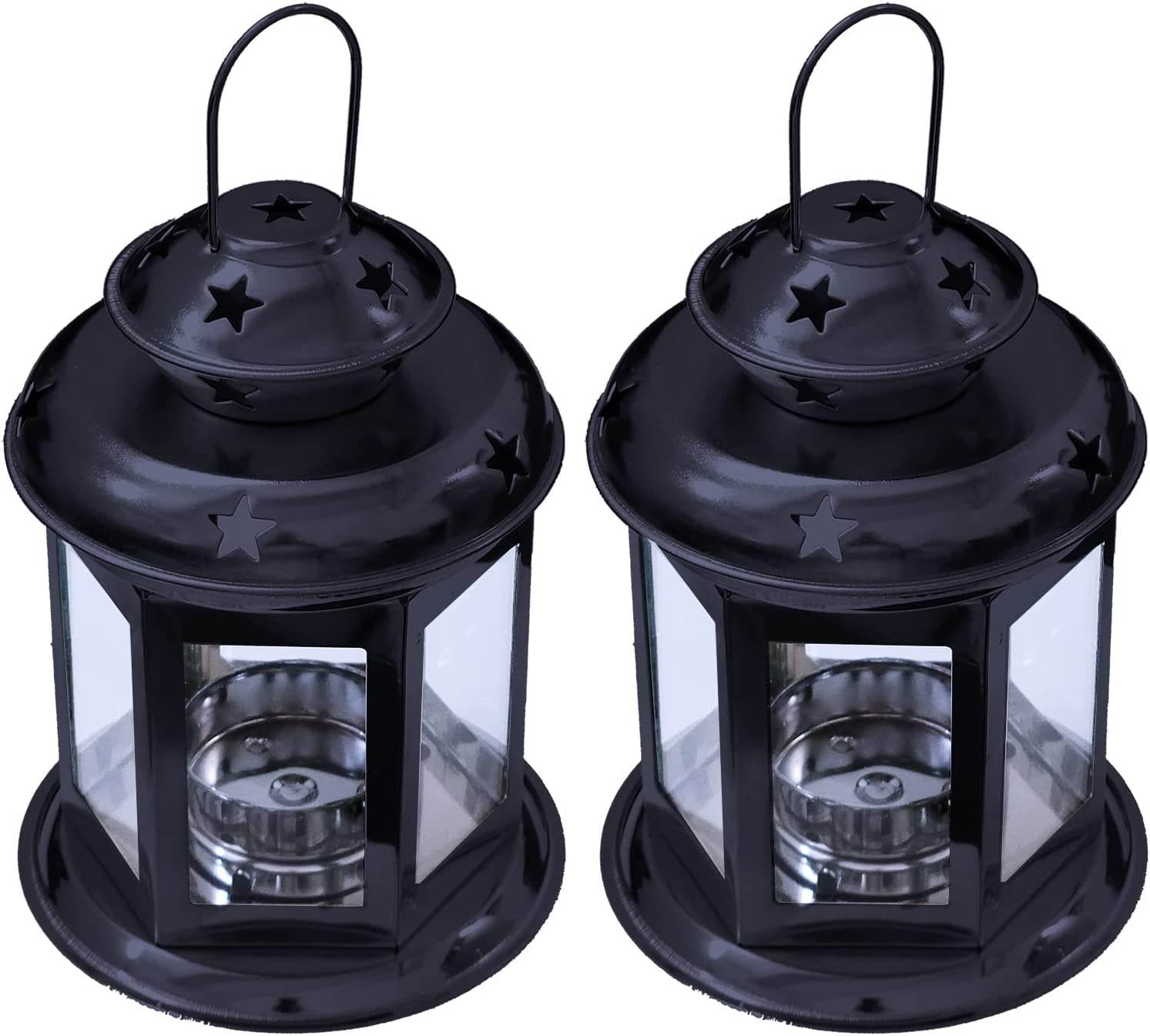 2 Pcs European Design Antique Glass Hanging Candle Lanterns with Stars Metal Frame Candlestick Holder Night Lamp, Romantic Xmas Wedding Party Decoration (Bronze)