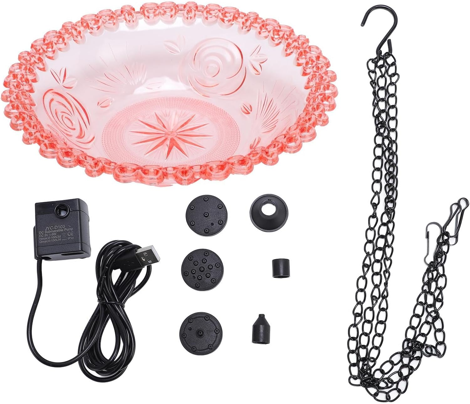 Dpofirs Bird Bath Fountain for Outside, Hanging Hummingbird Feeder Water Fountain USB Powered, Plastic Bird Bath Bowl for Garden Yard Patio Lawn (Roseate) image number 6