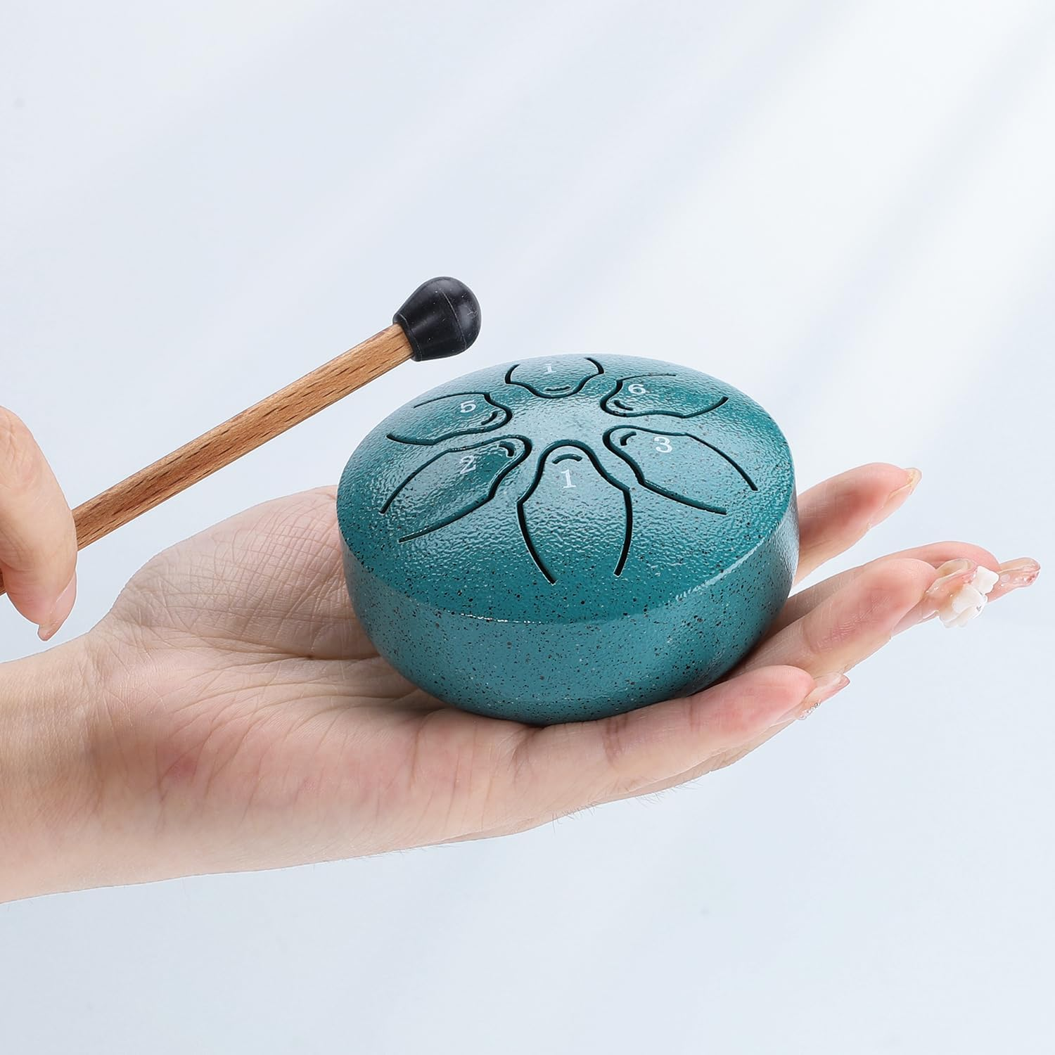 Facmogu Steel Tongue Drum Rain Chime, 3 Inch 6 Note Rain Drum for Outside, Chakra Drum for outside Garden, Mini Hand Drum with Bag- Green(Bowling Pattern) image number 5