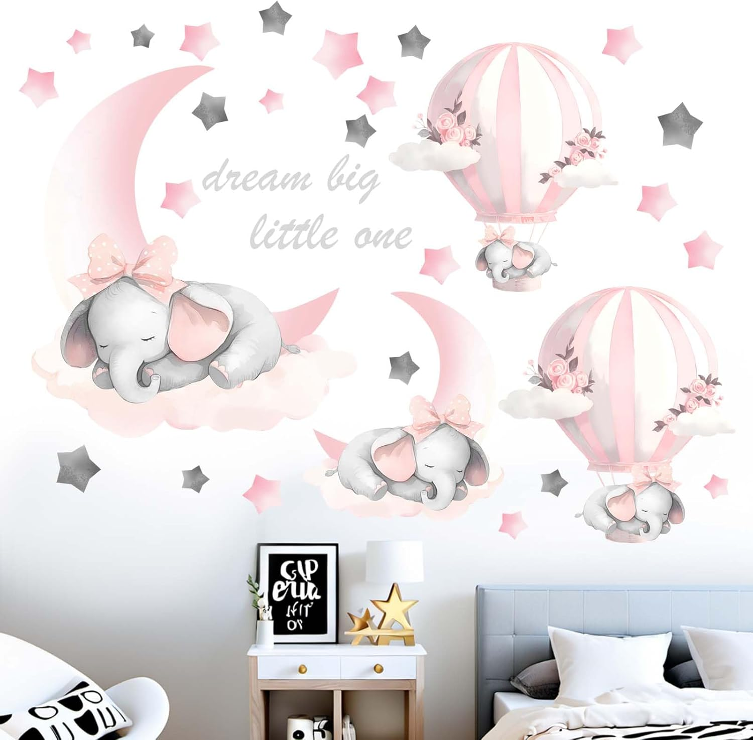 Elephant Balloon Wall Stickers for Nursery: Baby Kids Girls Boys Bedroom Wall Decals - Pink Hot Air Balloon Moon Stars Dream Big Little One image number 5