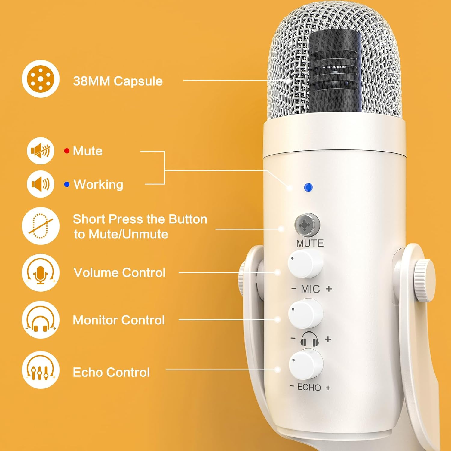 Zealsound USB Microphone,Quick Mute Noise Cancel for Phone Computer PC Ps5,Gaming Microphone with Gain Control,Echo Monitor Volume Adjust for Streaming Vocal Recording ASMR Podcast Video K66 White image number 6