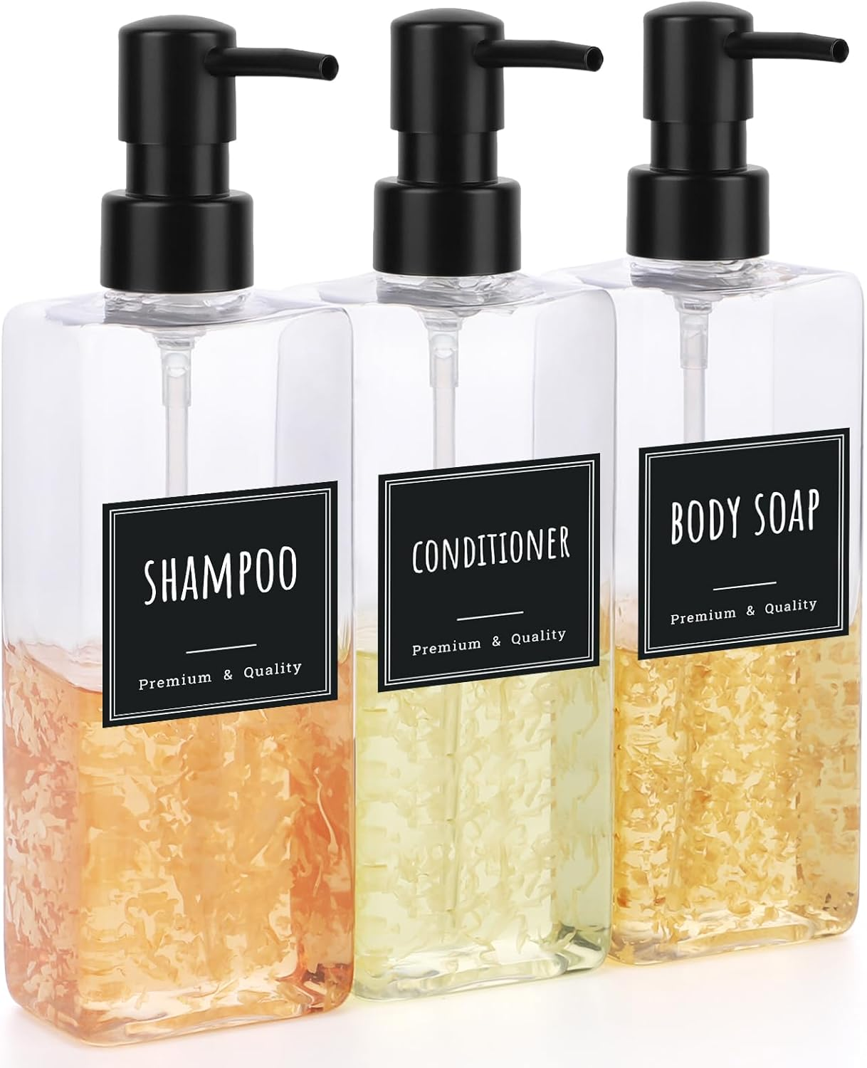 Segbeauty Shampoo and Conditioner Dispenser, 3Pcs 500Ml Hand Soap Dispenser, Pump Bottle Dispenser, Refillable Dish Soap Dispenser, Black Soap Dispenser with Labels